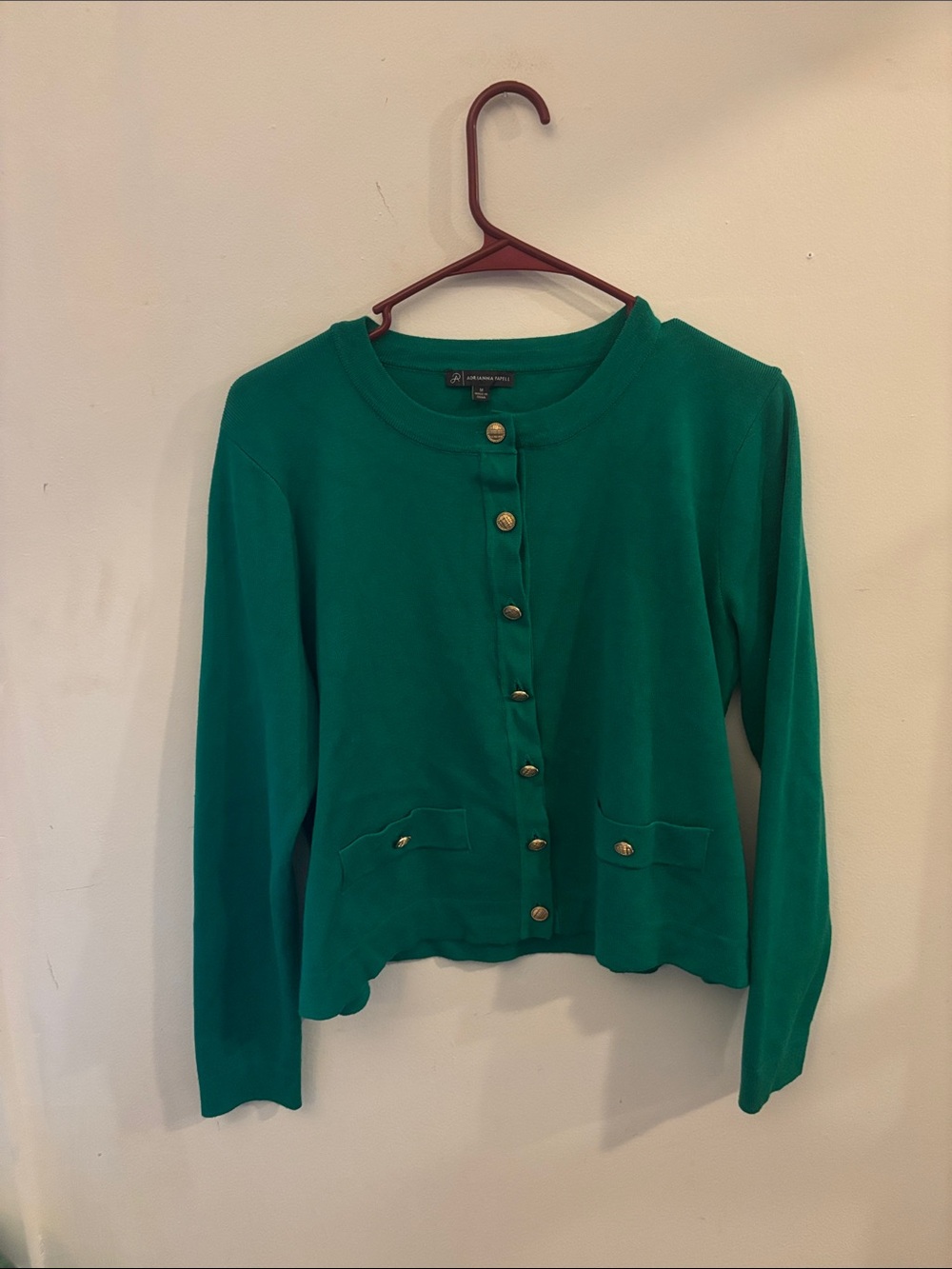 Adrianna Papell Emerald Green Knit Cardigan Sweater Gold Buttons Size M